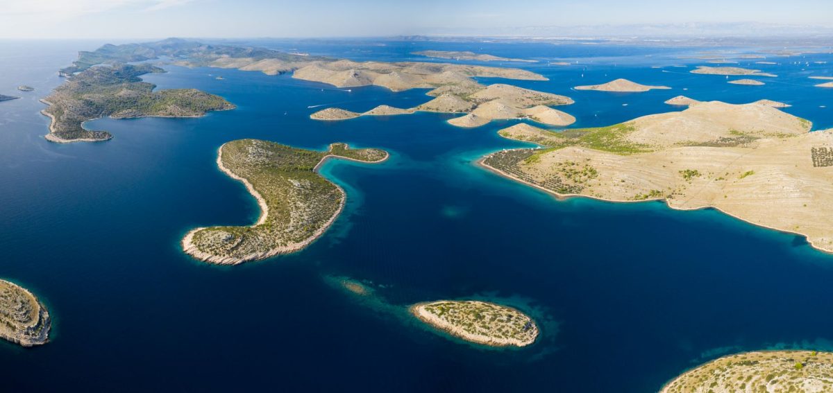 Aerial view of sea and small islands in Kornati national park, Croatia