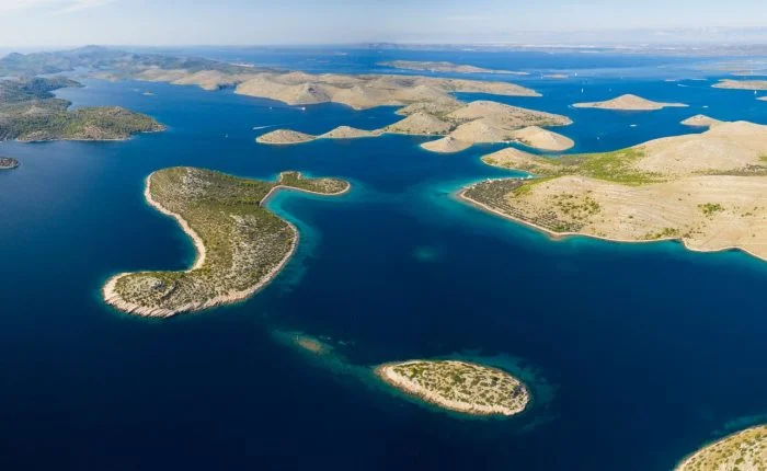Aerial view of sea and small islands in Kornati national park, Croatia
