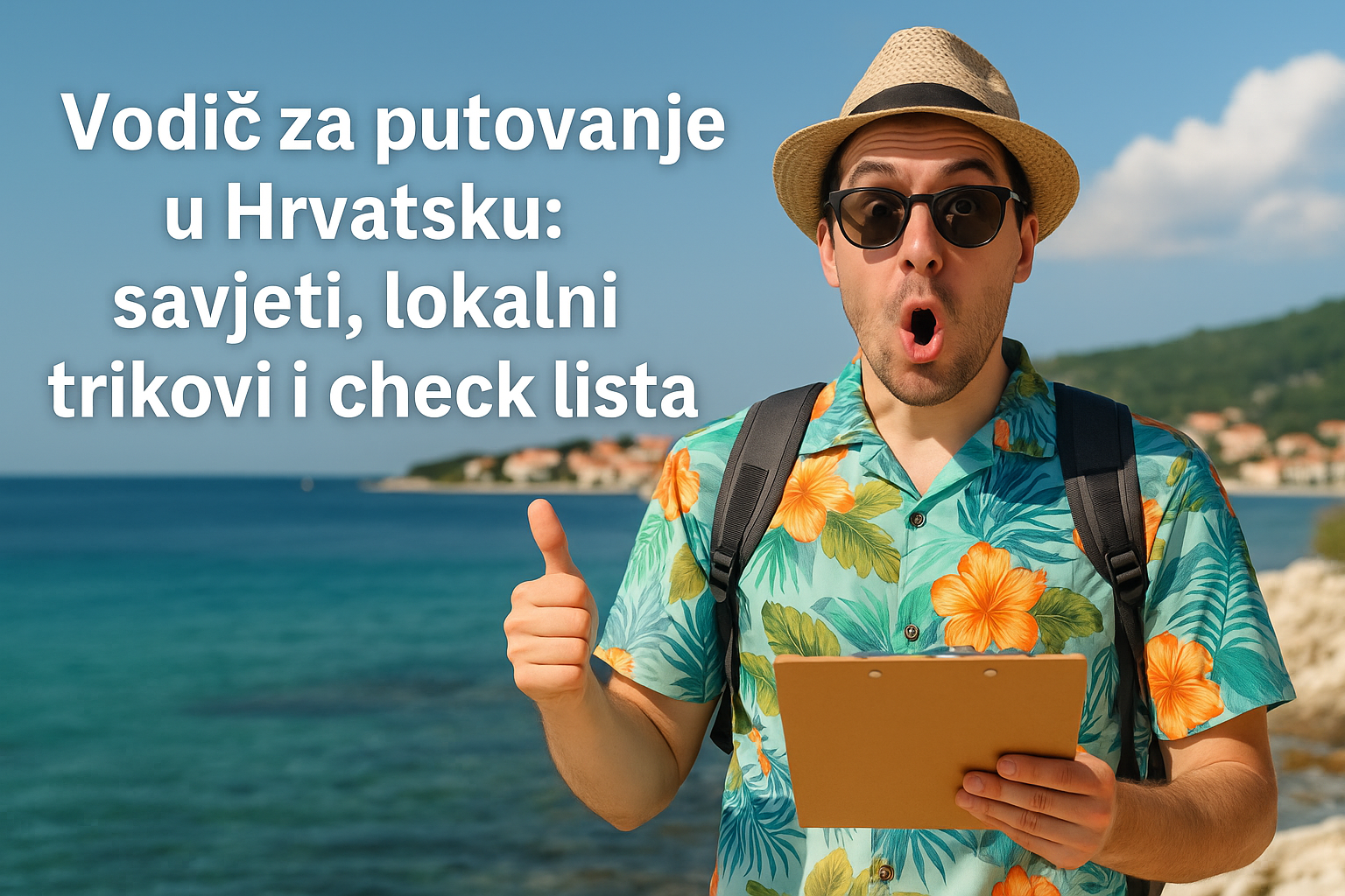 Klikni i saznaj kako preživjeti (i uživati) u Hrvatskoj kao pravi lokalac Turist s ruksakom na molu gleda brod, natpis na slici: Vodič za preživljavanje u Hrvatskoj