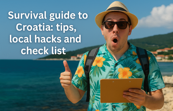 Surprised tourist on a seaside promenade in Croatia, holding a clipboard and wearing a tropical shirt, next to the title: Travel guide to Croatia – tips and checklist
