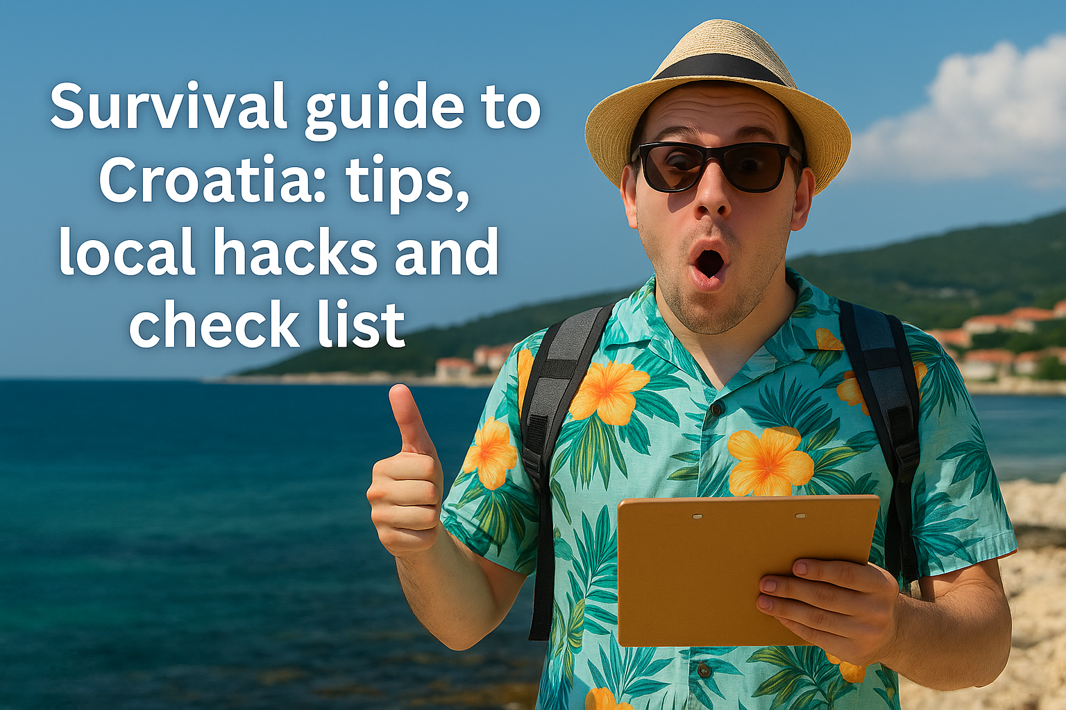Travel guide to Croatia: practical tips, local tricks & checklist Surprised tourist on a seaside promenade in Croatia, holding a clipboard and wearing a tropical shirt, next to the title: Travel guide to Croatia – tips and checklist