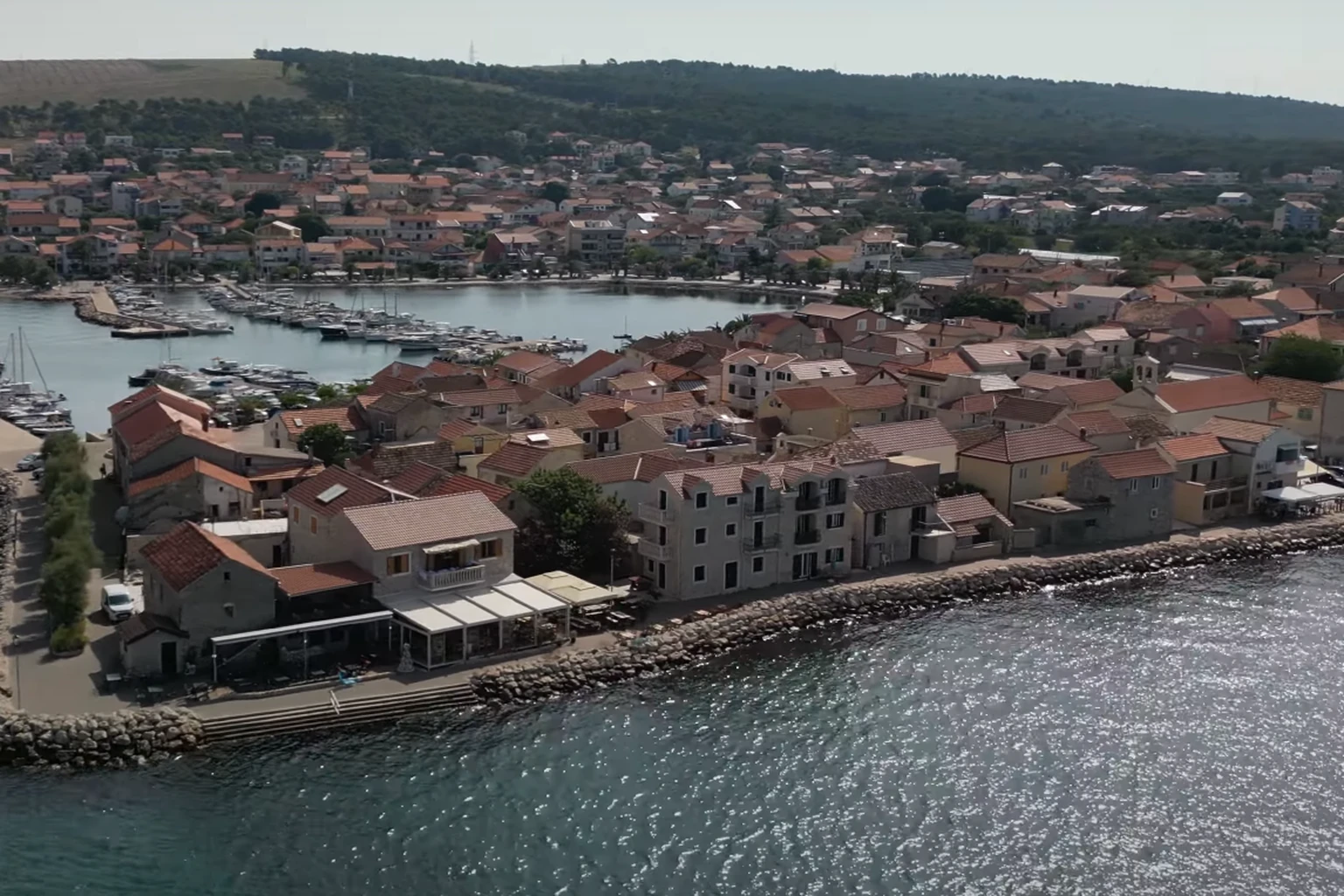 Bibinje travel guide – aerial view of coastline, marina and seaside houses